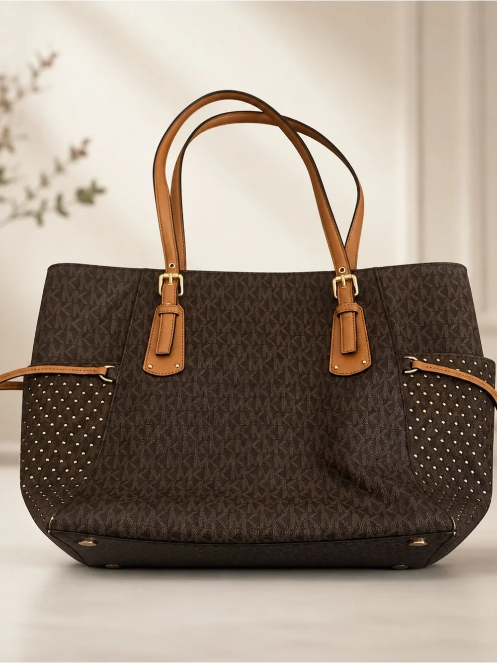 Michael Kors Tote East West Signature Jacquard Voyager Dark Brown Bag Purse